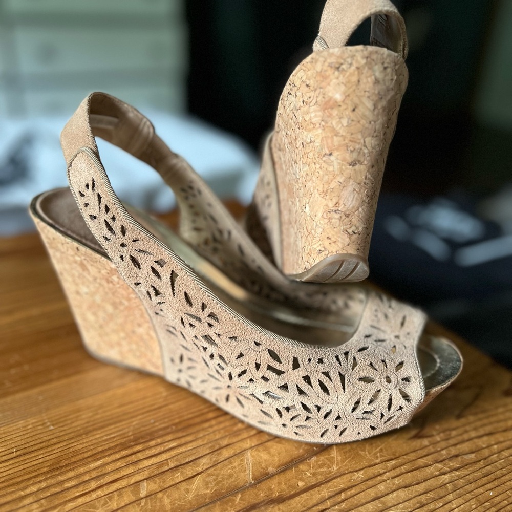Tan Eyelet Slingback Wedge